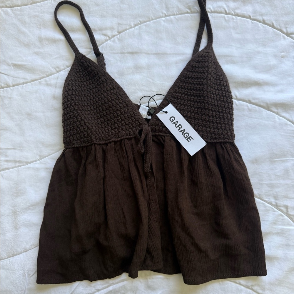 Garage Brown Crochet Bodice Tie-Front Camisole